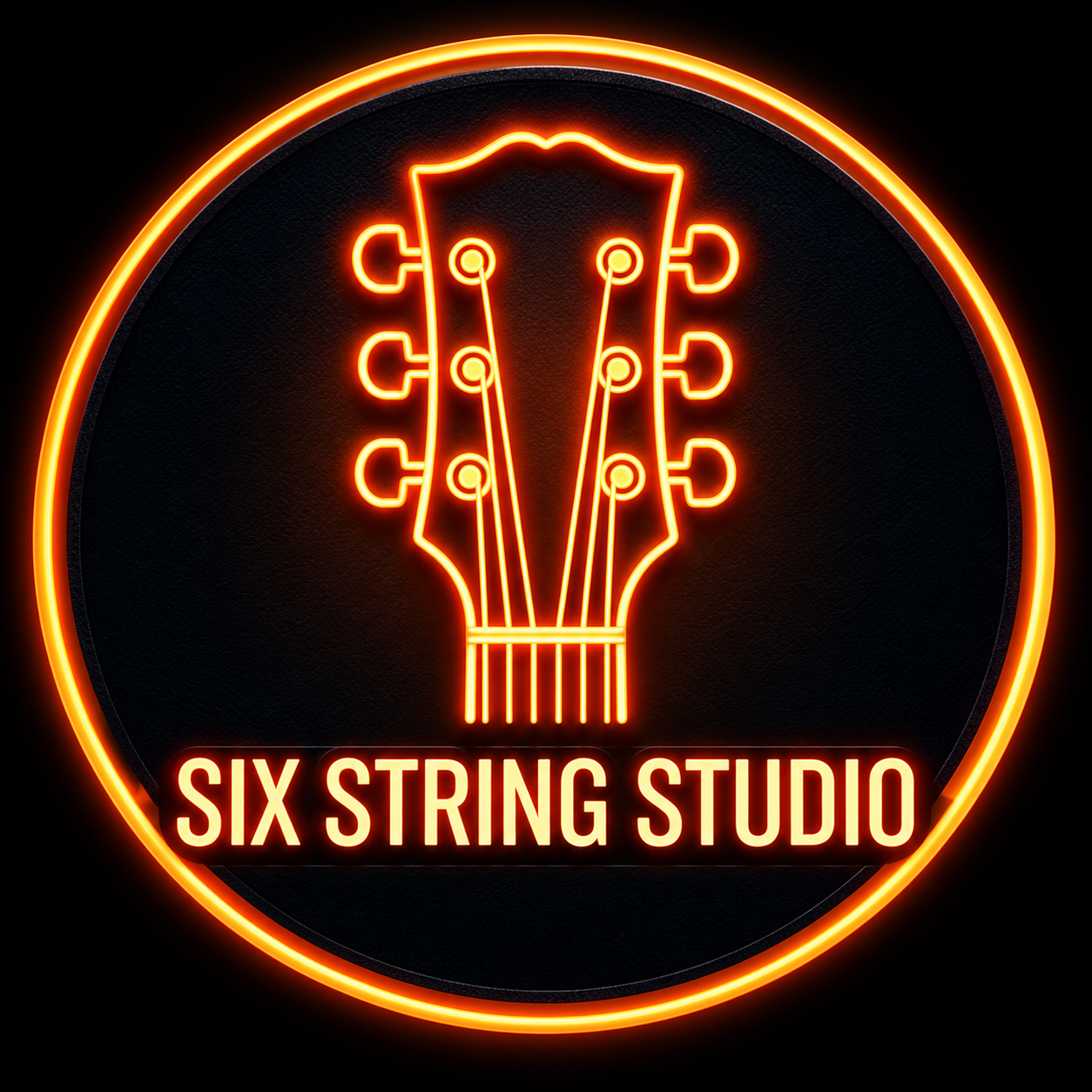 Six String Studio orange neon guitar emblem